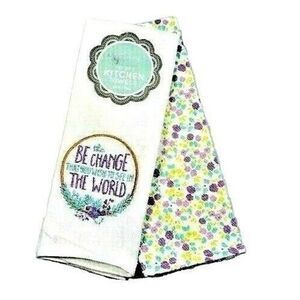 Inspirational Kitchen Towels 2pc Embroidered Be the Change Purple Floral Gift